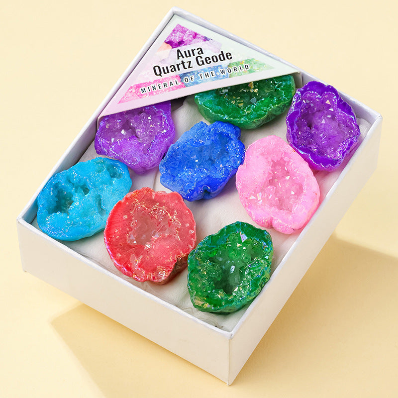 8 Styles of Rough Crystal Cluster Geode Tumble Gift Box Collections GEMROCKY-Spray-Painted Hollow Agate Mixed Colors-