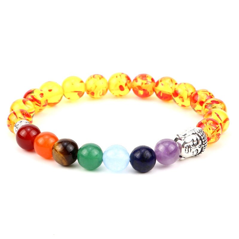 8mm Buddha Head 7 Chakra Mixed Bead Bracelets GEMROCKY-Bracelets-Amber Stone-