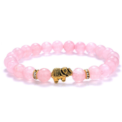 8mm Golden/Silver Color Elephant Crystal Bead Bracelets GEMROCKY-Bracelets-Rose Quartz+Golden Color Ele-