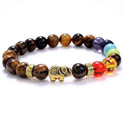 8mm Golden/Silver Color Elephant Crystal Bead Bracelets GEMROCKY-Bracelets-Tiger Eye 7 Chakra+Golden Color Ele-