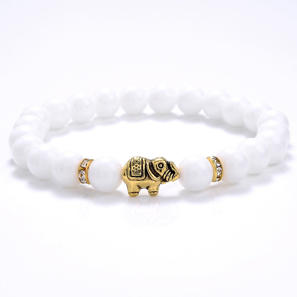 8mm Golden/Silver Color Elephant Crystal Bead Bracelets GEMROCKY-Bracelets-White Jade+Golden Color Ele-