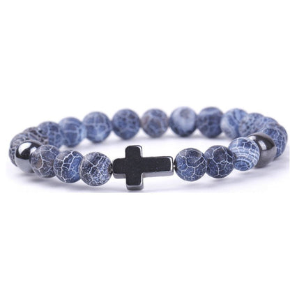 8mm Multi Color Weathered Stone Cross Bead Bracelets GEMROCKY-Bracelets-Dark Blue-