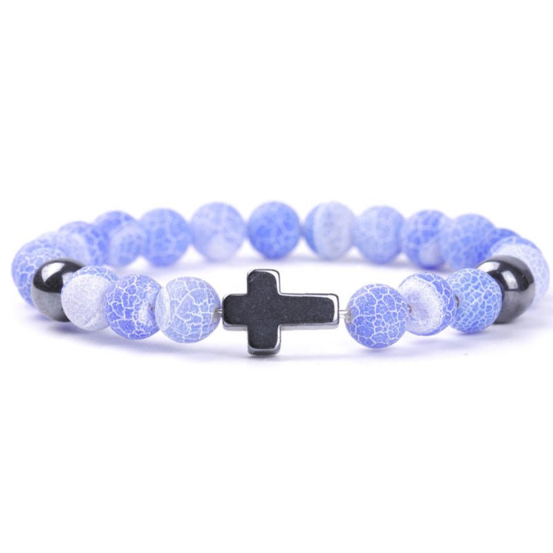 8mm Multi Color Weathered Stone Cross Bead Bracelets GEMROCKY-Bracelets-Lake Blue-