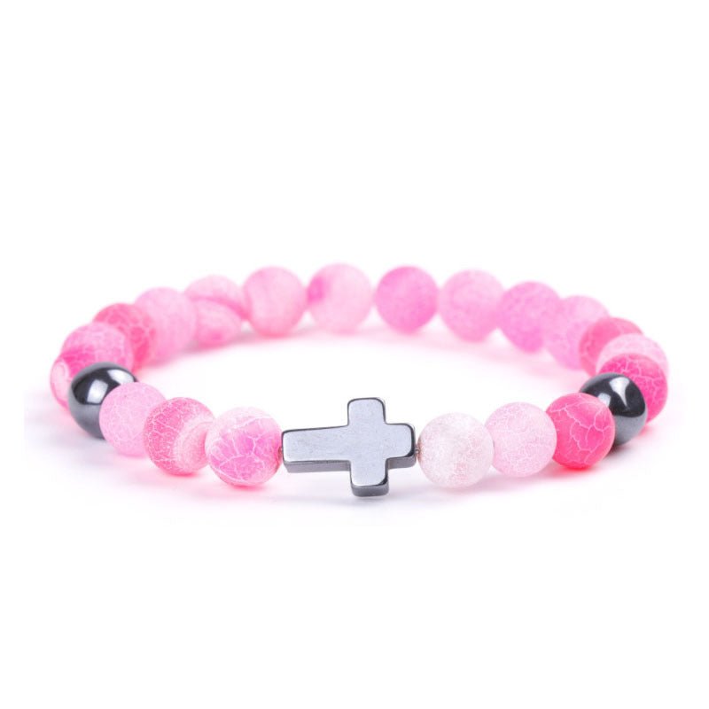 8mm Multi Color Weathered Stone Cross Bead Bracelets GEMROCKY-Bracelets-Pink-