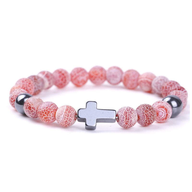 8mm Multi Color Weathered Stone Cross Bead Bracelets GEMROCKY-Bracelets-Red-