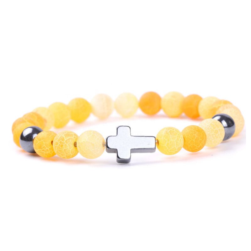 8mm Multi Color Weathered Stone Cross Bead Bracelets GEMROCKY-Bracelets-Yellow-