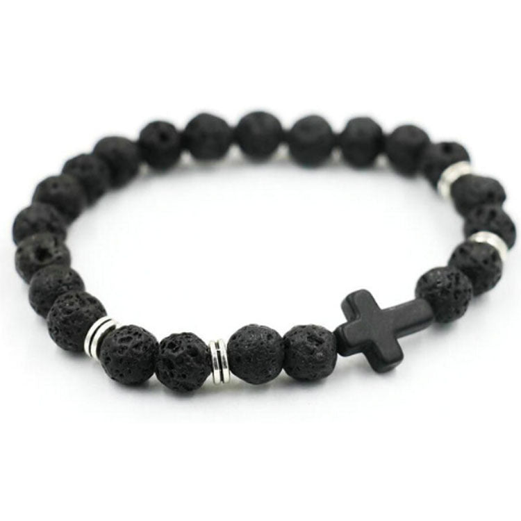 8mm Saint Cross Black Stone Bead Bracelets GEMROCKY-Bracelets-Lava Stone-