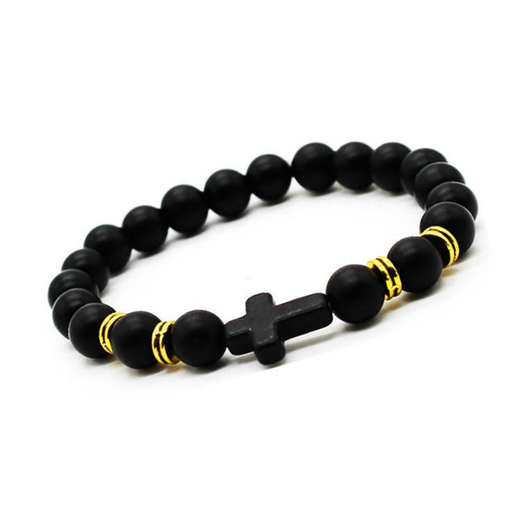 8mm Saint Cross Black Stone Bead Bracelets GEMROCKY-Bracelets-Matte Golden Color-