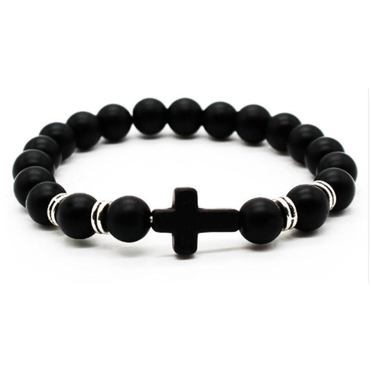 8mm Saint Cross Black Stone Bead Bracelets GEMROCKY-Bracelets-Matte Silver Color-