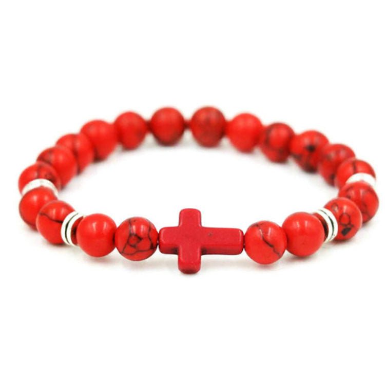 8mm Saint Cross Black Stone Bead Bracelets GEMROCKY-Bracelets-Red Turquoise-