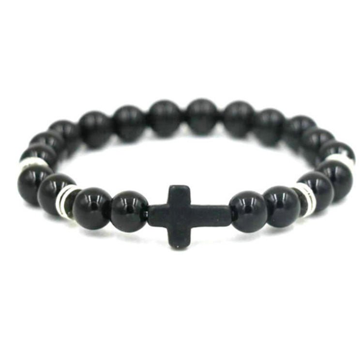 8mm Saint Cross Black Stone Bead Bracelets GEMROCKY-Bracelets-Shiny Black-