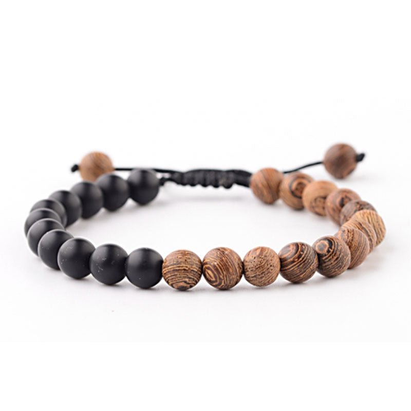 8mm Wooden Mixed Crystal Bead Bracelets GEMROCKY-Bracelets-Frosted Black Stone/Wood with Braided Rope-