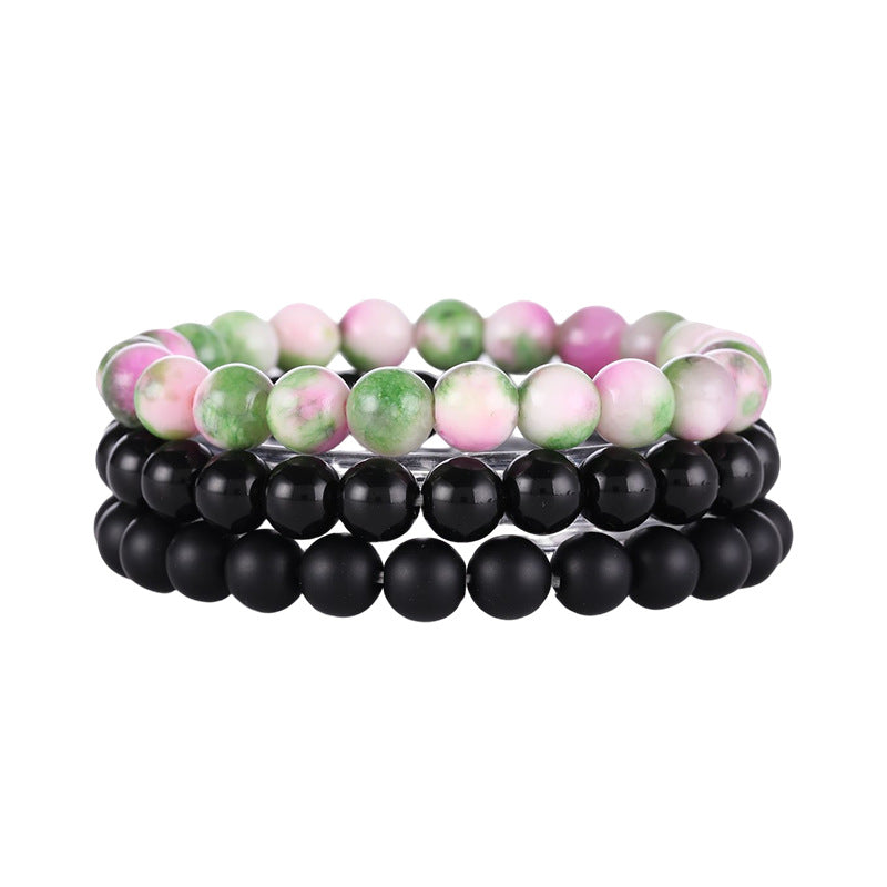 8mm Triple Crystal Bead Bracelets Set GEMROCKY-Bracelets-Peach Jade+Black Stone+Frosted Stone-GEMROCKY