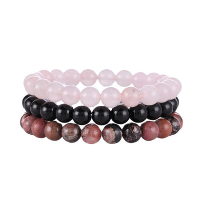 8mm Triple Crystal Bead Bracelets Set GEMROCKY-Bracelets-Rose Quartz+Black Stone+Rhodonite-GEMROCKY