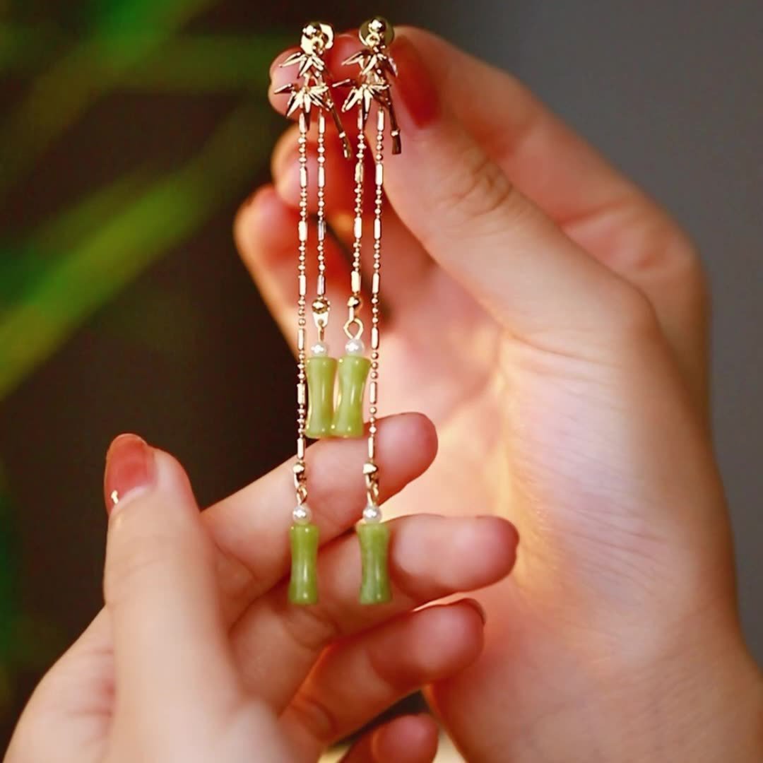 Bamboo Style Hetian Jade Tassel Ethnic Style Eardrop Earrings GEMROCKY-Jewelry-