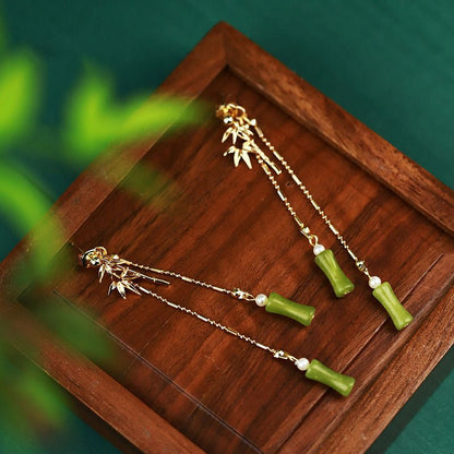 Bamboo Style Hetian Jade Tassel Ethnic Style Eardrop Earrings GEMROCKY-Jewelry-