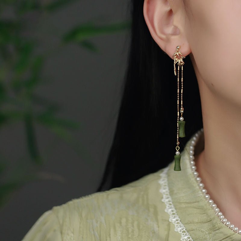 Bamboo Style Hetian Jade Tassel Ethnic Style Eardrop Earrings GEMROCKY-Jewelry-