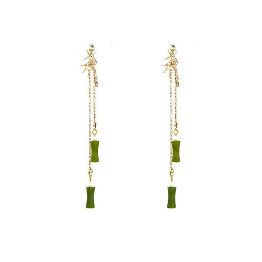 Bamboo Style Hetian Jade Tassel Ethnic Style Eardrop Earrings GEMROCKY-Jewelry-