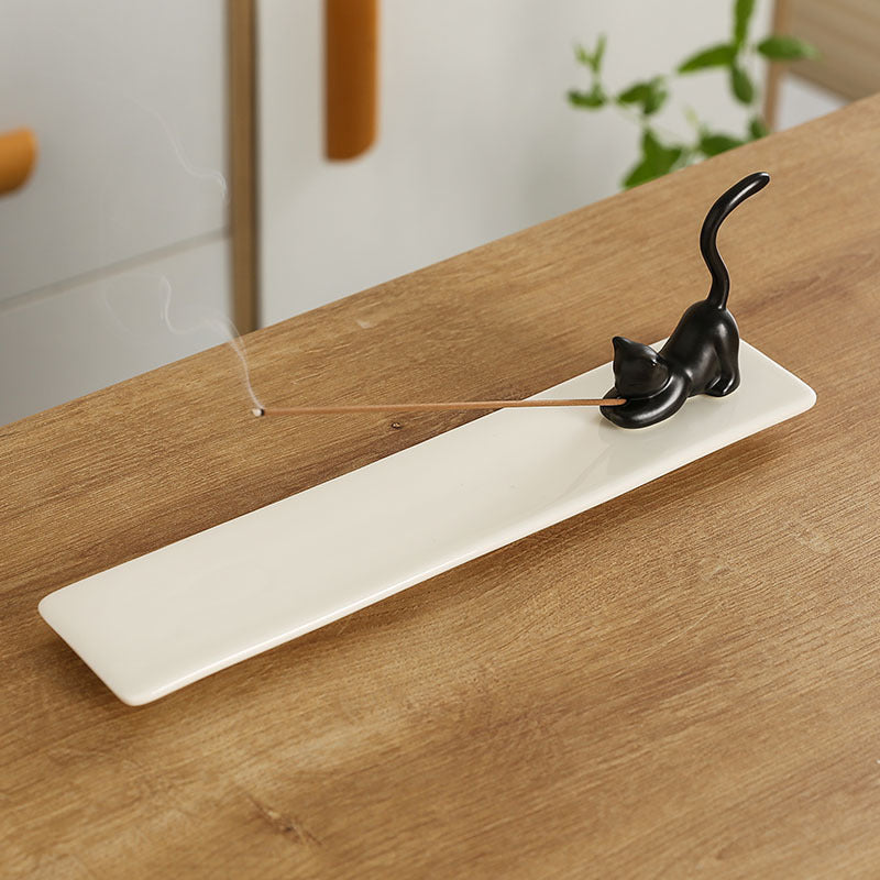 Cat Rabbit Arts Stick Incense Burner Tray Home Decor Ornaments GEMROCKY-Psychic-Black Cat+White Tray-