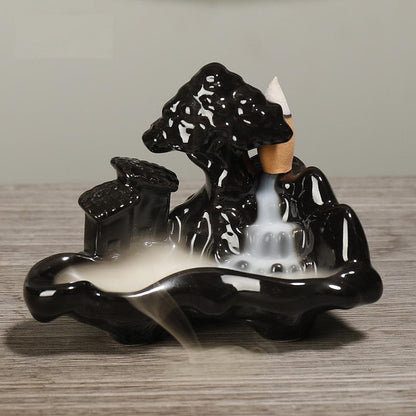 Chinese Bonsai Waterfall Backflow Incense Burner Home Decor Ornaments GEMROCKY-Psychic-Black Glaze19-