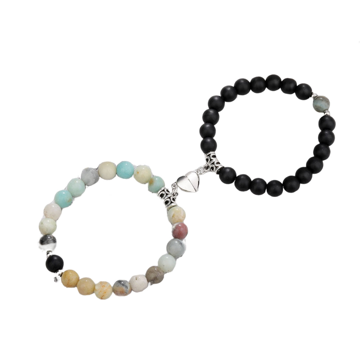 Couple Lovers Magnetic Attraction Double Bracelets GEMROCKY-Bracelets-Amazonite & Black Obsidian Silver Heart-