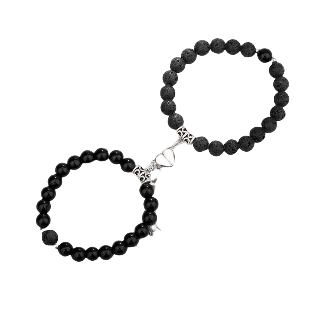 Couple Lovers Magnetic Attraction Double Bracelets GEMROCKY-Bracelets-Black Obsidian & Lava Stone Silver Heart-