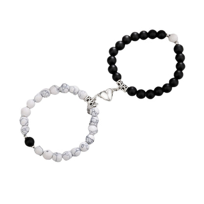 Couple Lovers Magnetic Attraction Double Bracelets GEMROCKY-Bracelets-Howlite & Black Obsidian Silver Heart-