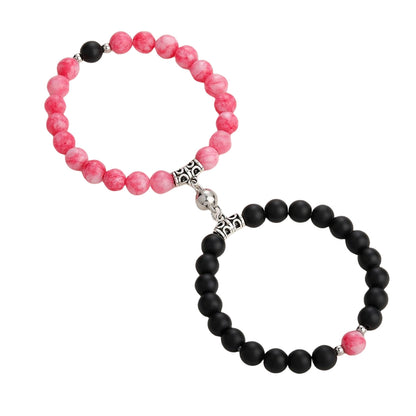 Couple Lovers Magnetic Attraction Double Bracelets GEMROCKY-Bracelets-Rose Stone & Black Obsidian Bell-