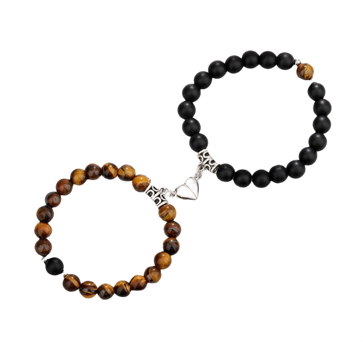 Couple Lovers Magnetic Attraction Double Bracelets GEMROCKY-Bracelets-Tiger Eye & Black Obsidian Silver Heart-