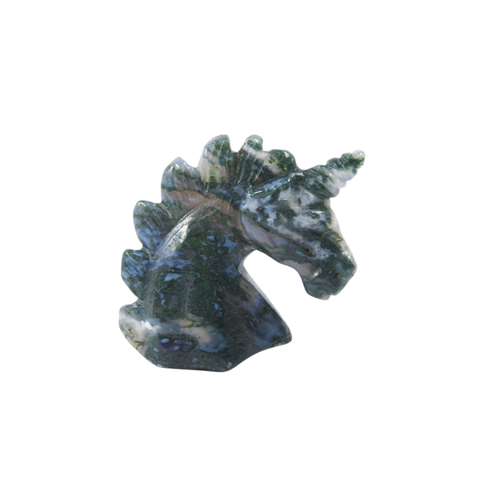 Crystal 2 Inch Unicorn Head Carvings GEMROCKY-Carvings-Moss Agate-