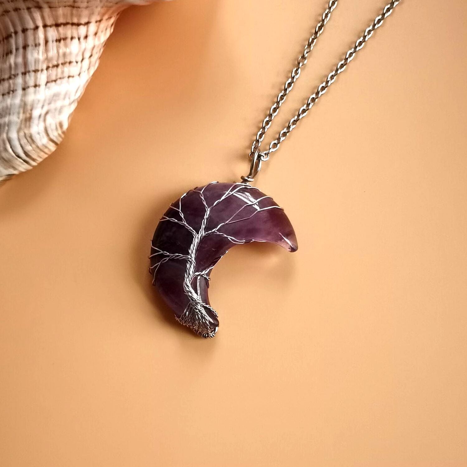 Crystal Crescent Moon Wired Pendant Necklaces GEMROCKY-Jewelry-Amethyst-