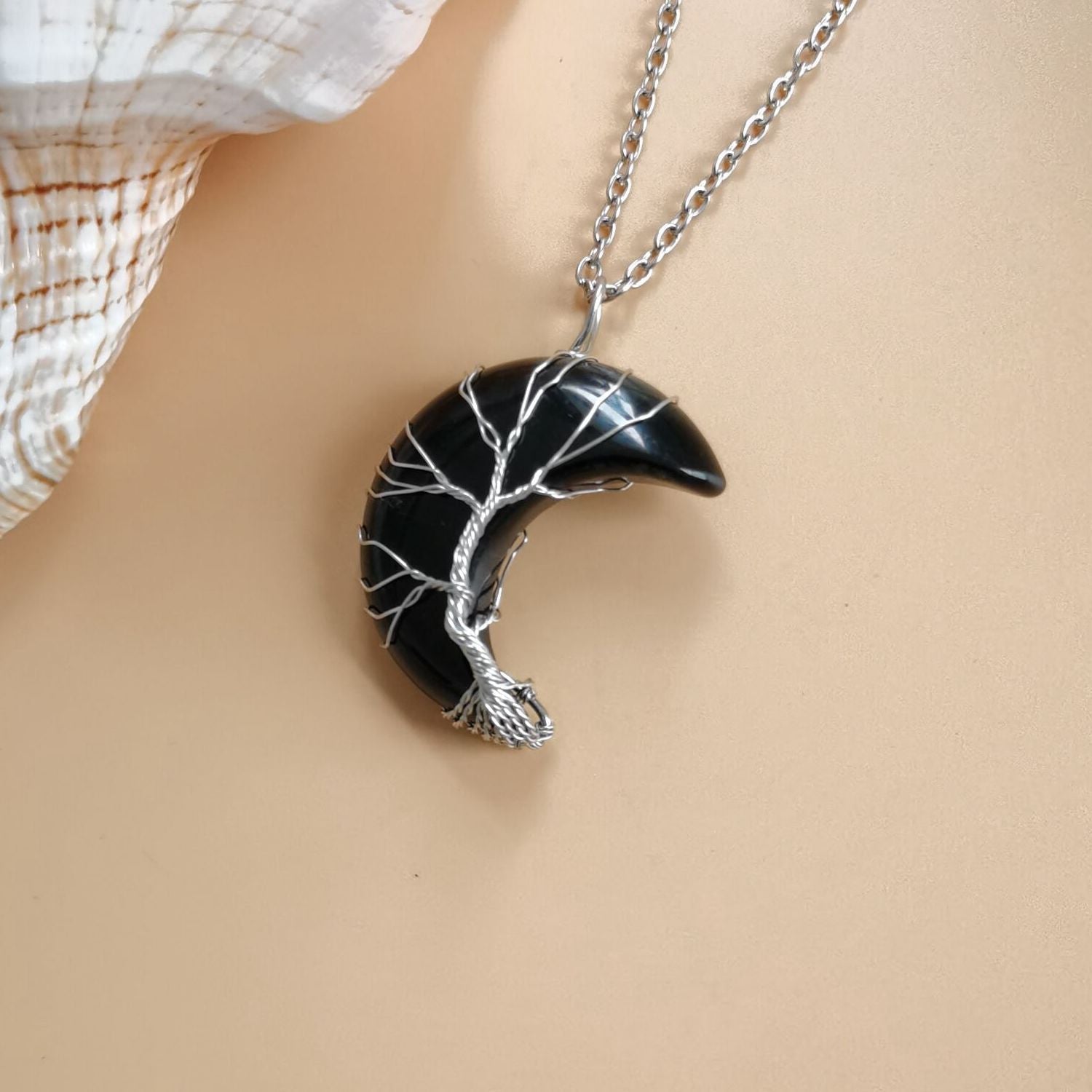 Crystal Crescent Moon Wired Pendant Necklaces GEMROCKY-Jewelry-Black Obsidian-