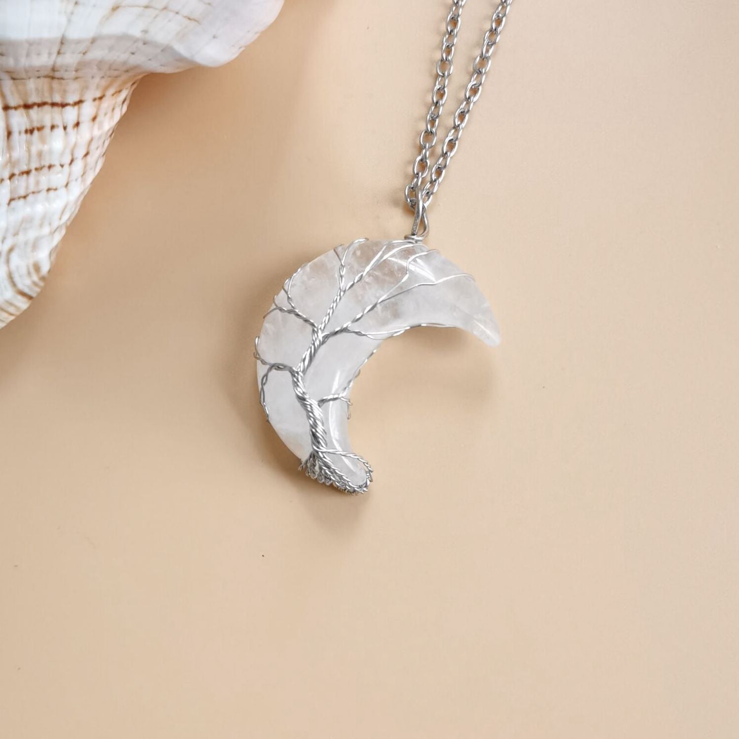 Crystal Crescent Moon Wired Pendant Necklaces GEMROCKY-Jewelry-Clear Quartz-