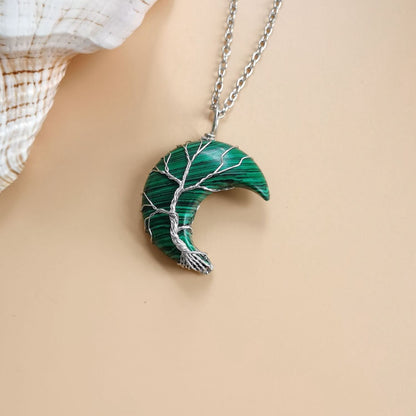 Crystal Crescent Moon Wired Pendant Necklaces GEMROCKY-Jewelry-Malachite-