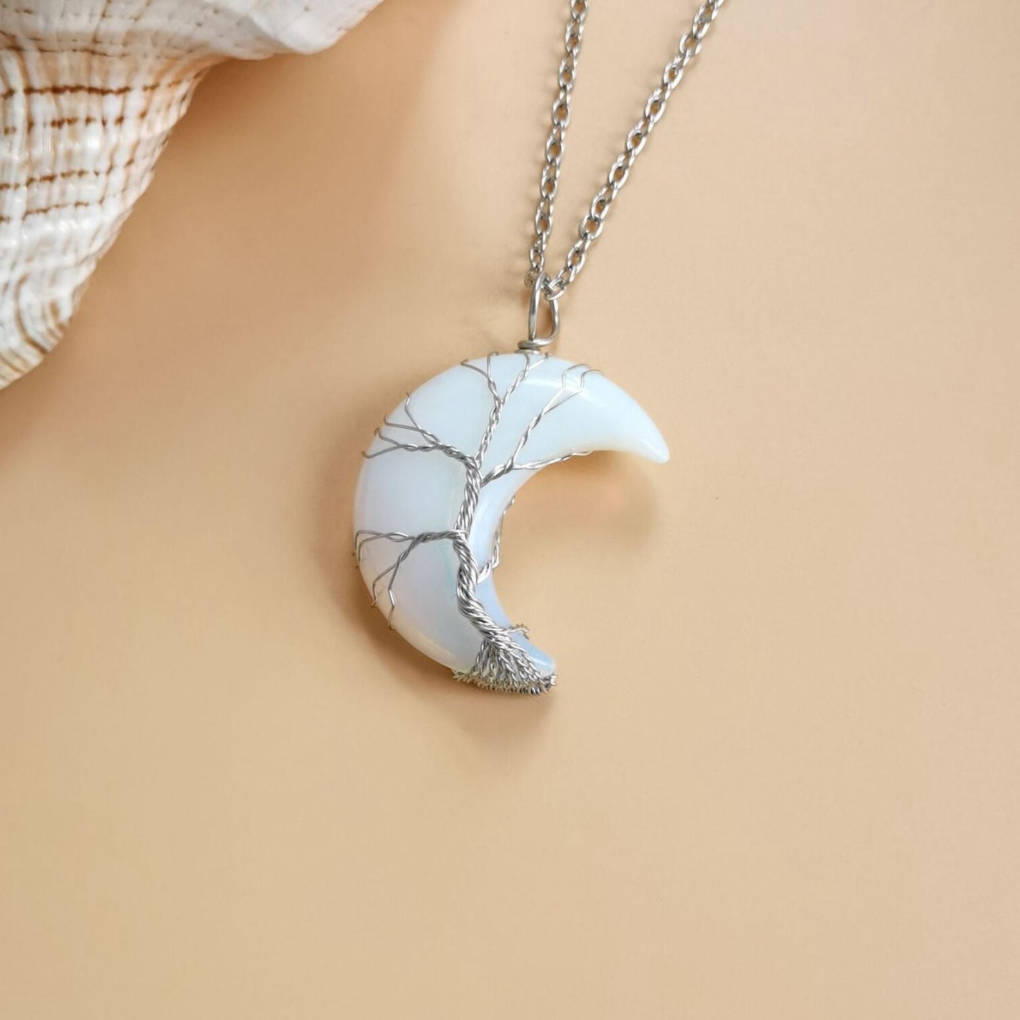 Crystal Crescent Moon Wired Pendant Necklaces GEMROCKY-Jewelry-Opalite-