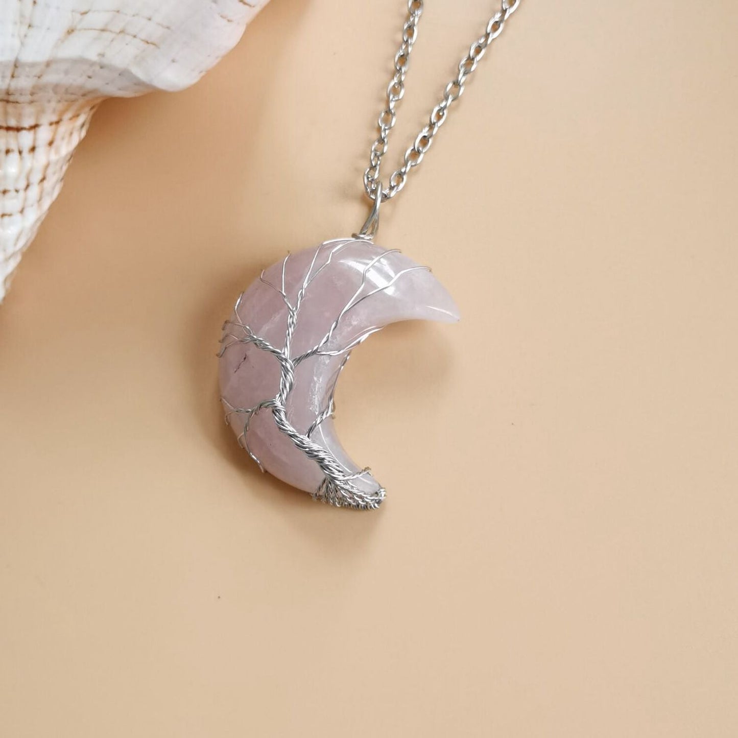 Crystal Crescent Moon Wired Pendant Necklaces GEMROCKY-Jewelry-Rose Quartz-