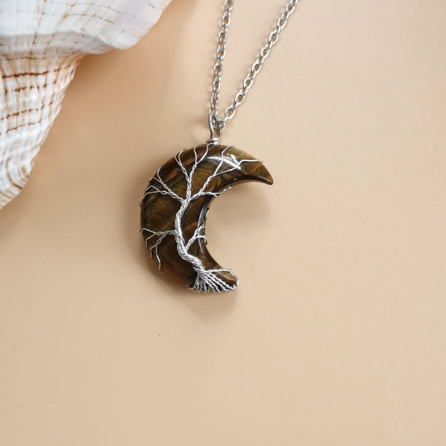 Crystal Crescent Moon Wired Pendant Necklaces GEMROCKY-Jewelry-Tiger Eye Stone-