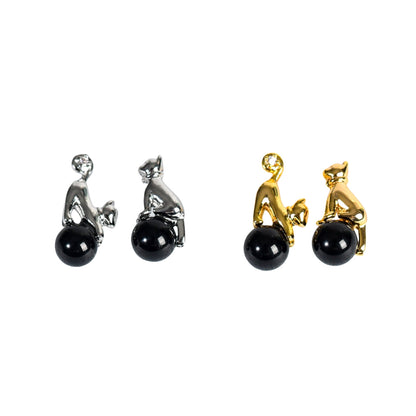 Crystal Cute Cat Silver Golden Earrings GEMROCKY-Jewelry-Black Obsidian-Silver Color-