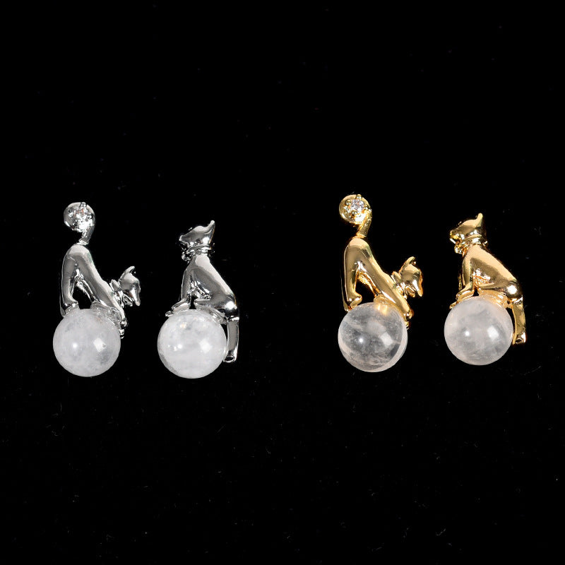 Crystal Cute Cat Silver Golden Earrings GEMROCKY-Jewelry-Clear Quartz-Silver Color-