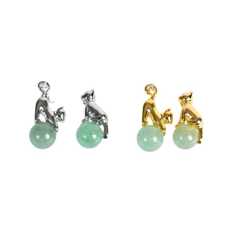 Crystal Cute Cat Silver Golden Earrings GEMROCKY-Jewelry-Green Aventurine-Silver Color-