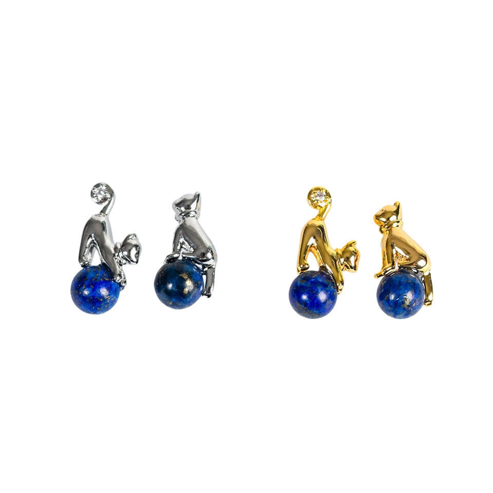 Crystal Cute Cat Silver Golden Earrings GEMROCKY-Jewelry-Lapis Lazuli-Silver Color-