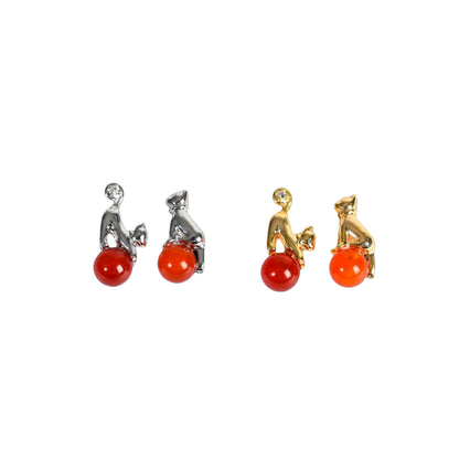 Crystal Cute Cat Silver Golden Earrings GEMROCKY-Jewelry-Red Agate-Silver Color-