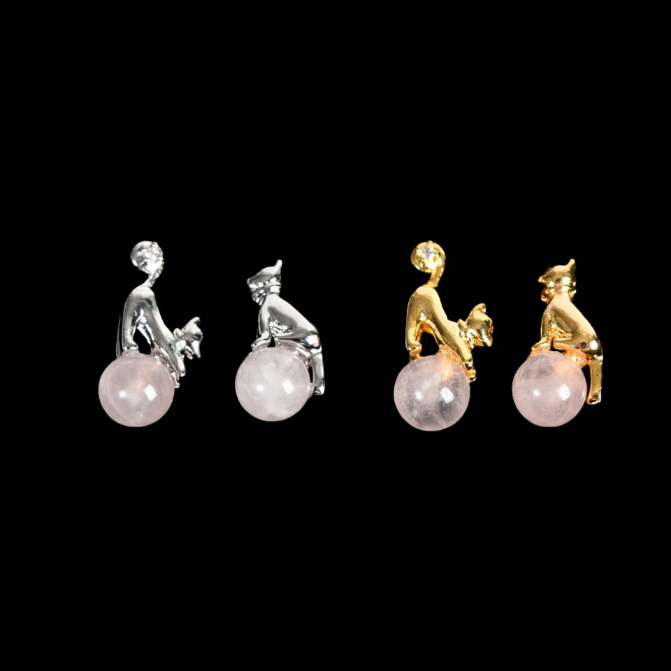 Crystal Cute Cat Silver Golden Earrings GEMROCKY-Jewelry-Rose Quartz-Silver Color-