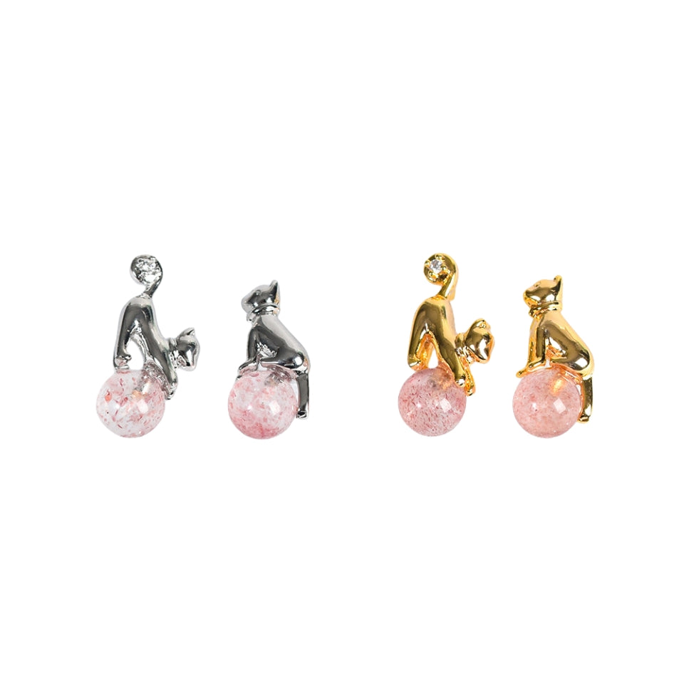 Crystal Cute Cat Silver Golden Earrings GEMROCKY-Jewelry-Strawberry Quartz-Silver Color-