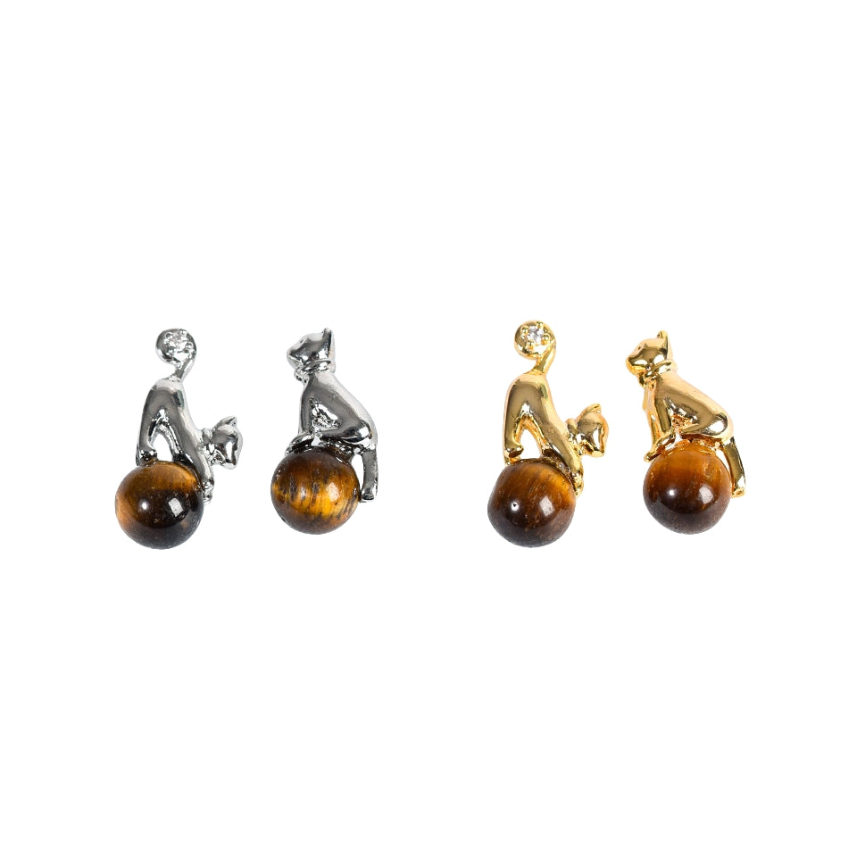 Crystal Cute Cat Silver Golden Earrings GEMROCKY-Jewelry-Yellow Tiger Eye Stone-Silver Color-