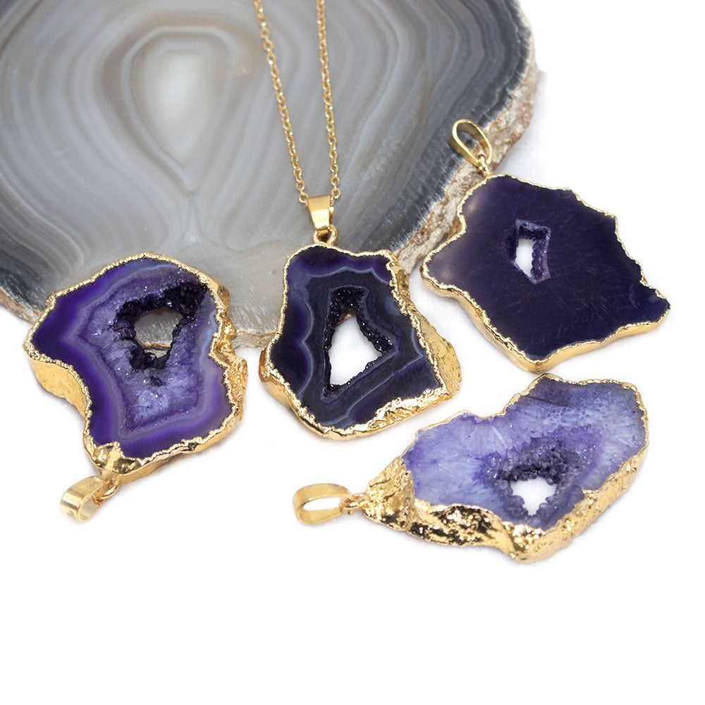 Crystal Druzy Agate Geode Pendant Necklaces GEMROCKY-Jewelry-Purple-