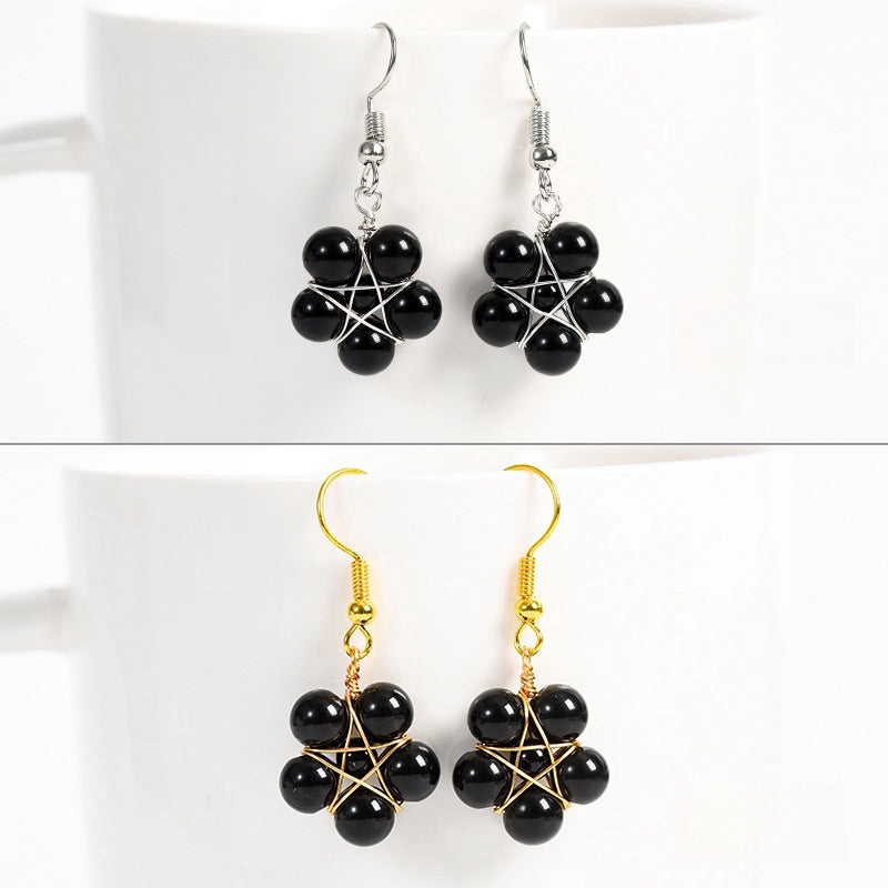 Crystal Flower Bead Eardrop Earrings GEMROCKY-Jewelry-Black Obsidian-Silver Color-