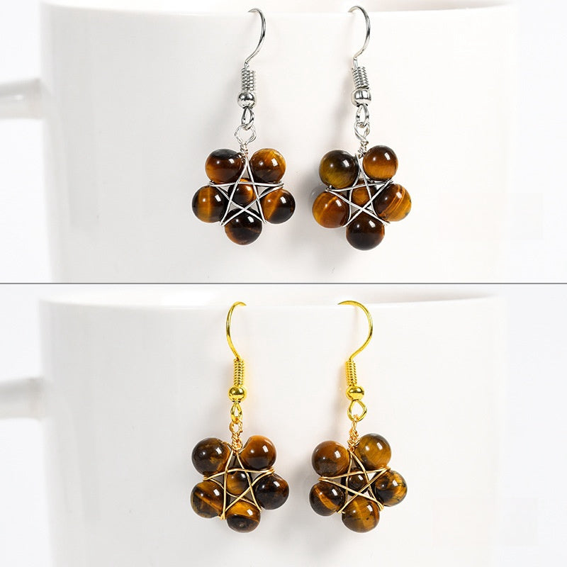 Crystal Flower Bead Eardrop Earrings GEMROCKY-Jewelry-Tiger Eye Stone-Silver Color-