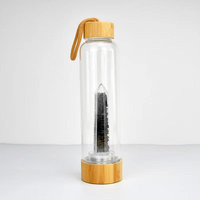 Crystal Gravel Chip Obelisk Bamboo Water Bottles GEMROCKY-Decoration-Black Obsidian-