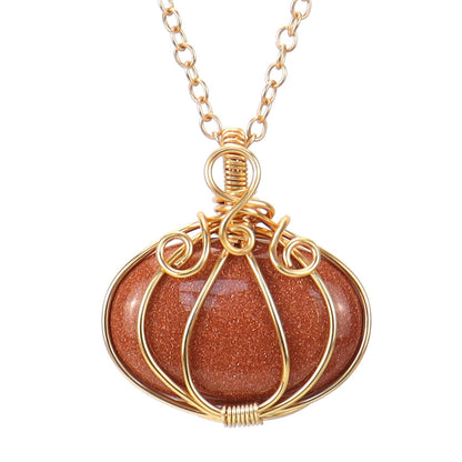 Crystal Halloween Pumpkin Lantern Pendant Necklaces GEMROCKY-Jewelry-Gold Sandstone-